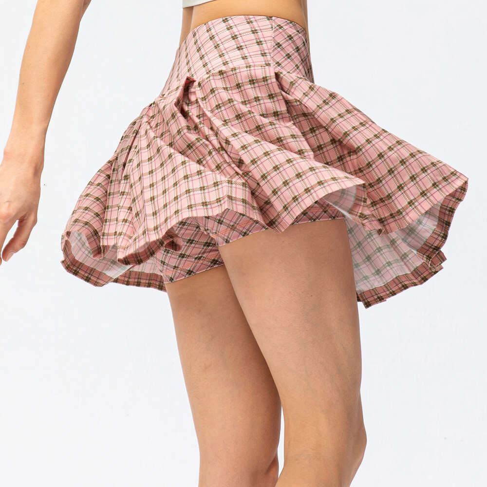 Sport Women Skort Pockets High Waist Pleated Check Printed Anti-glare Dance Golf Tennis Running Shorts with Skirt