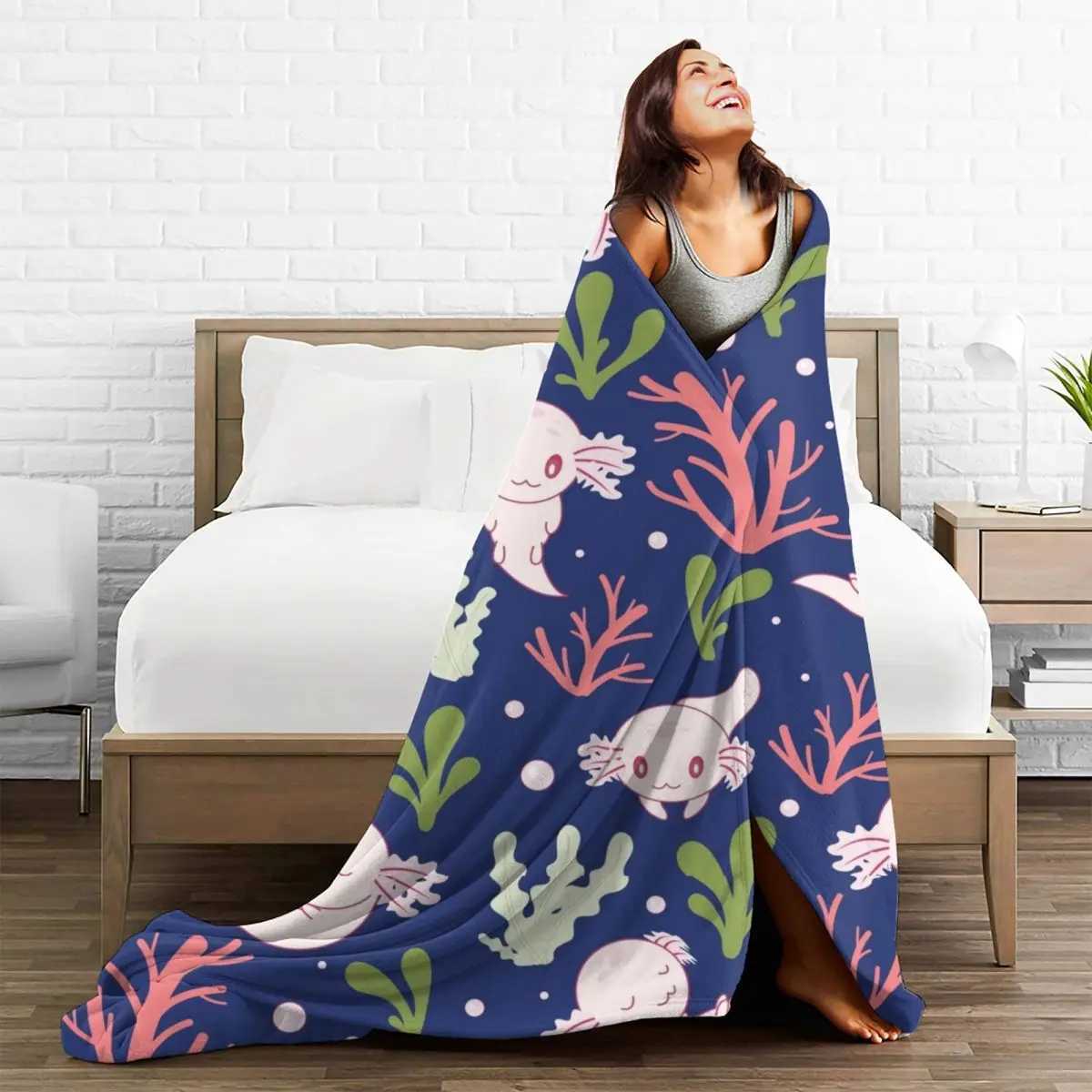 Cute Axolotl Blankets Fleece Spring/Autumn Fish Aquatic Animal Portable Super Warm Throw Blanket for Home Office Quilt Y240815