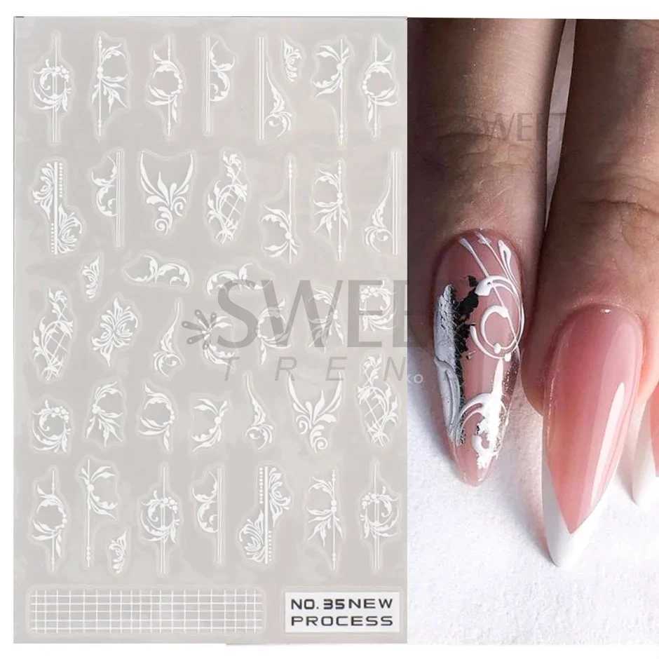 White Lace Flower Nail Art Sticker Acrylic Floral Charm Adhesive Sliders Elegant Wedding Bride Simple Line Design Manicure DecalXJ240814