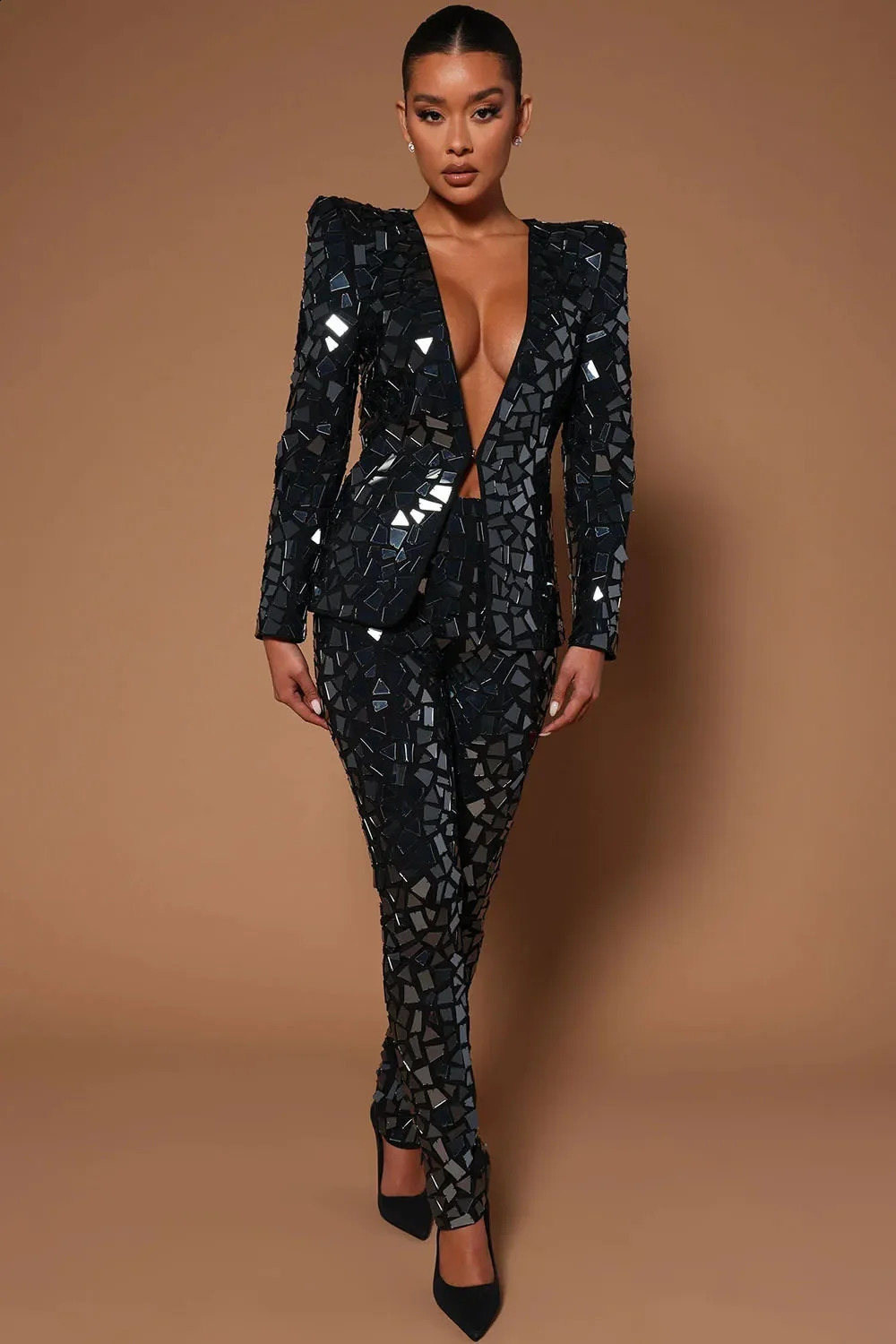 Sequin 2 Piece Top and Pants Set for Women Chic Long Sleeve Office Wear