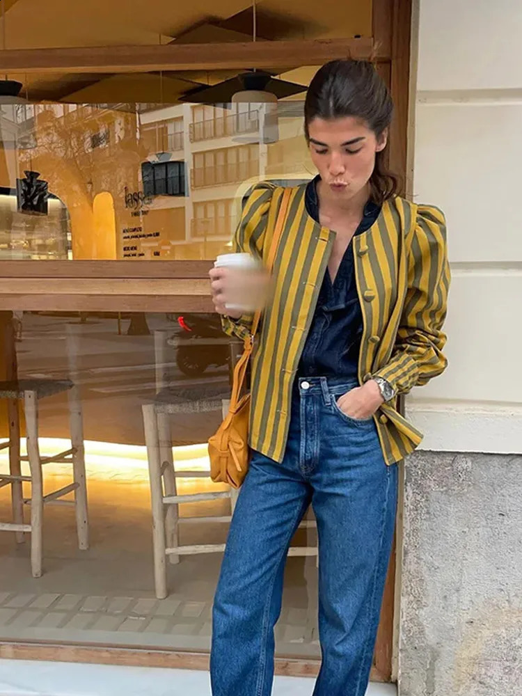 Elegant Striped Puff Sleeve Coat For Women Single Breasted O-neck Female Shirt Jacket Spring Fashion Office Lady Streetwear 240815