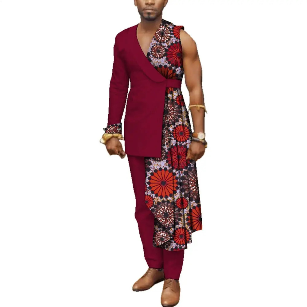 Men Bazin Riche Patchwork One-Shoulder Top and Pants Cotton 2 Pieces Pants Sets Special Custom Mens African Clothing WYN497 240814