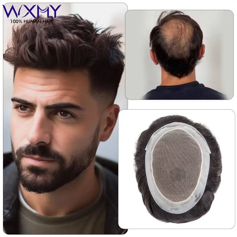 Australia French Lace And Skin Base Male Hair Prosthesis 6 Natural Human Hair Toupee Man Wig Breathable Hair Replacement System 240813