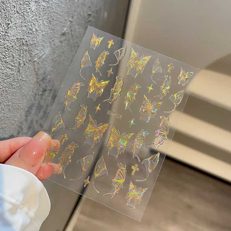 1PCS 3D Laser Gold Silver Butterfly Nail Sticker Black White Love Stickers Nail Art Decoration Glitter Silver Flame Nail DecalXJ240814