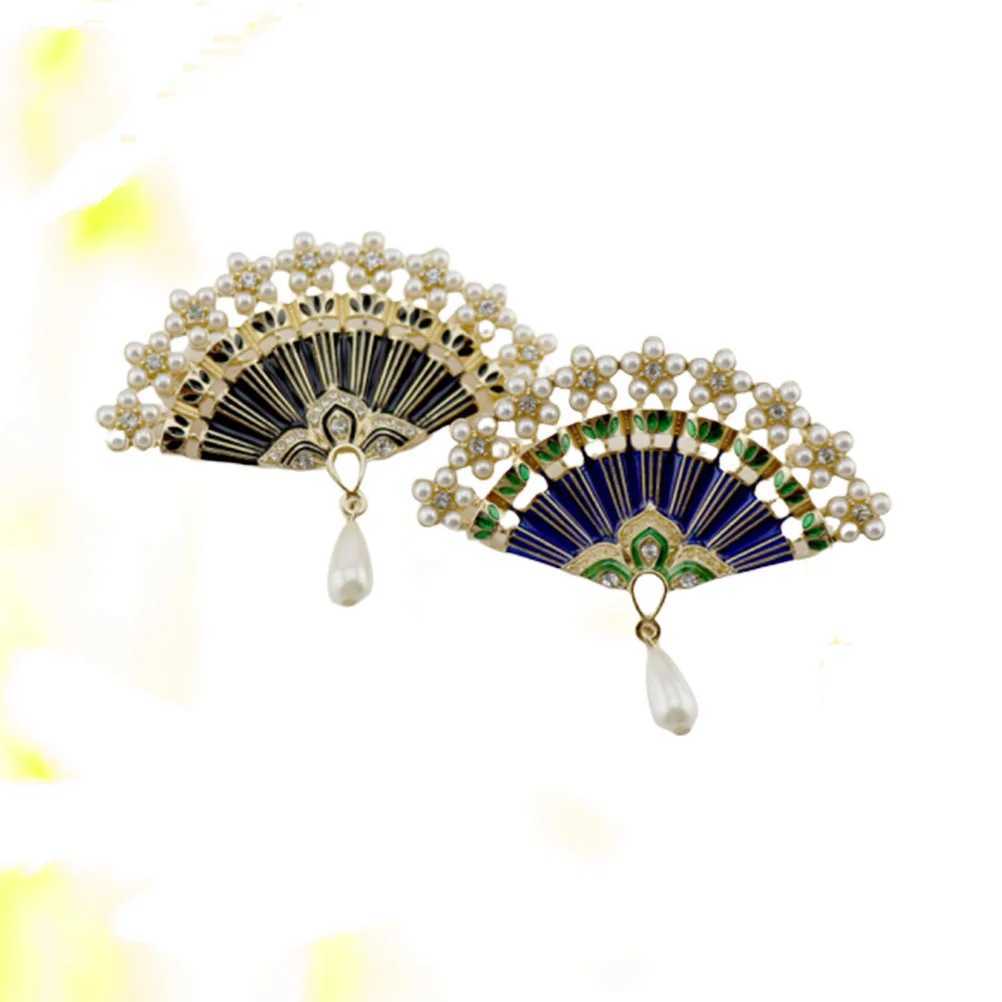 2 Pin Badges Christmas Party Brooch Blue and Black Fan Rhinestone Retro W240815