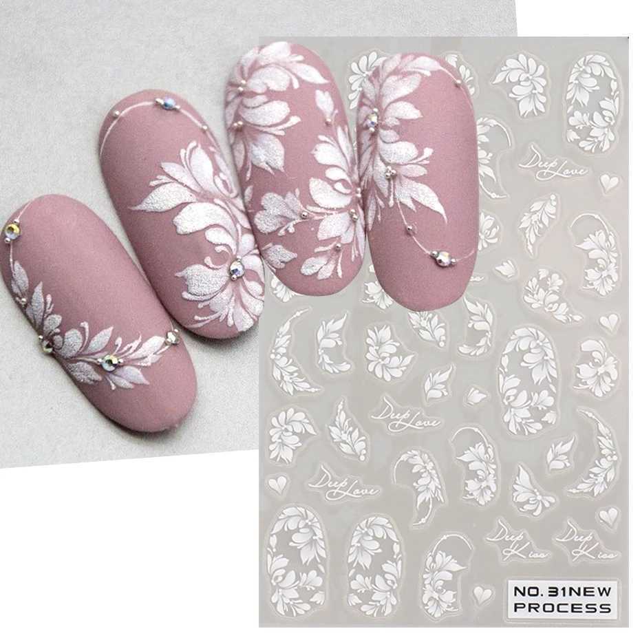 White Lace Flower Nail Art Sticker Acrylic Floral Charm Adhesive Sliders Elegant Wedding Bride Simple Line Design Manicure DecalXJ240814