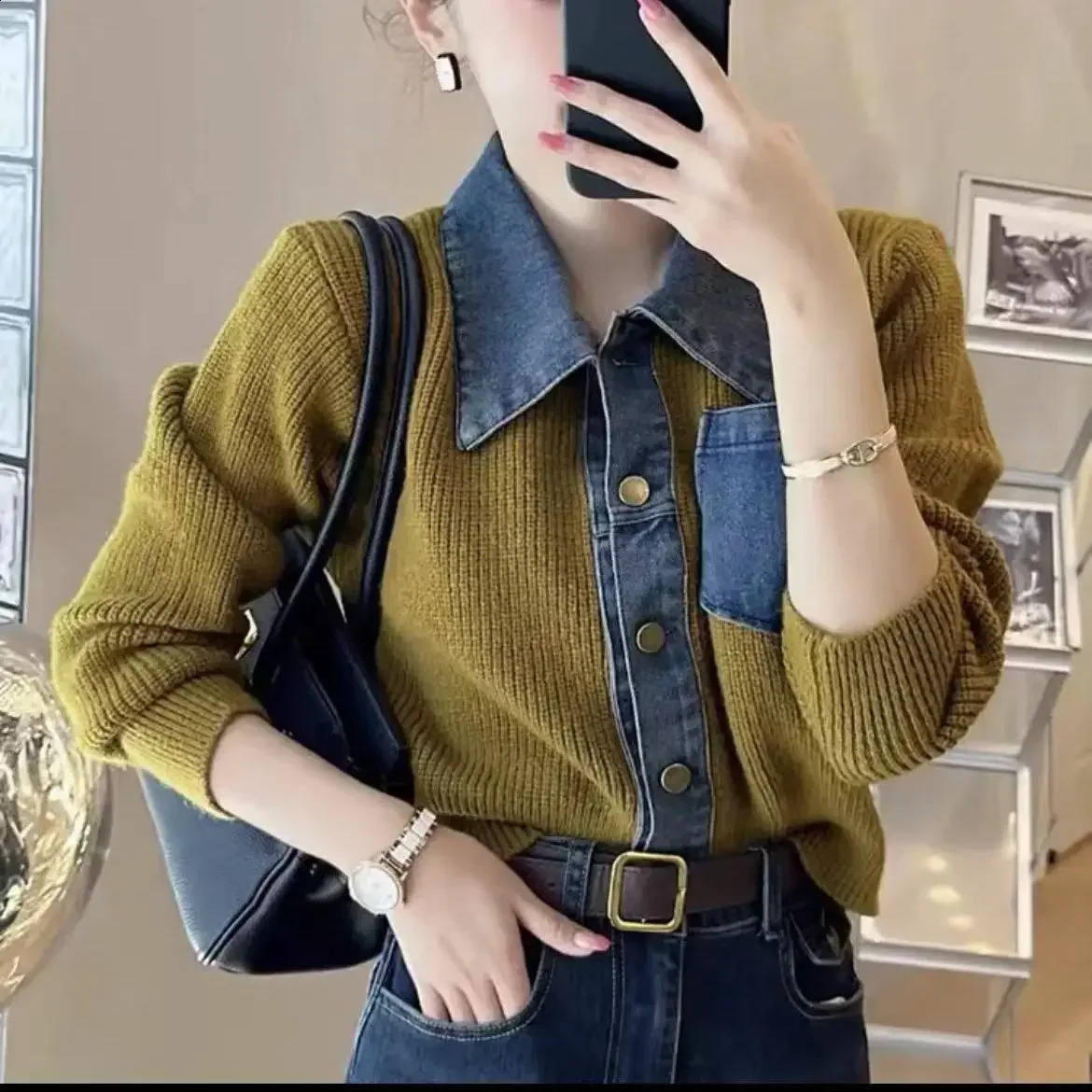 Woman Jean Coat Red Denim Jacket for Women Spring Autumn Knitted Outerwear Patchwork 2024 Fashion Harajuku Streetwear Trend 240814