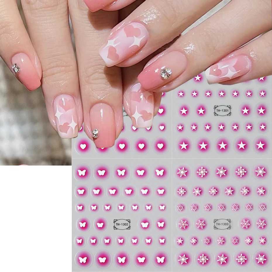 4 in 1 Black Stars Heart Nail Stickers Blooming Gradient Hollow Starlight Hexagram Snowflake Butterfly Y2K Style Manicure DecalXJ240814