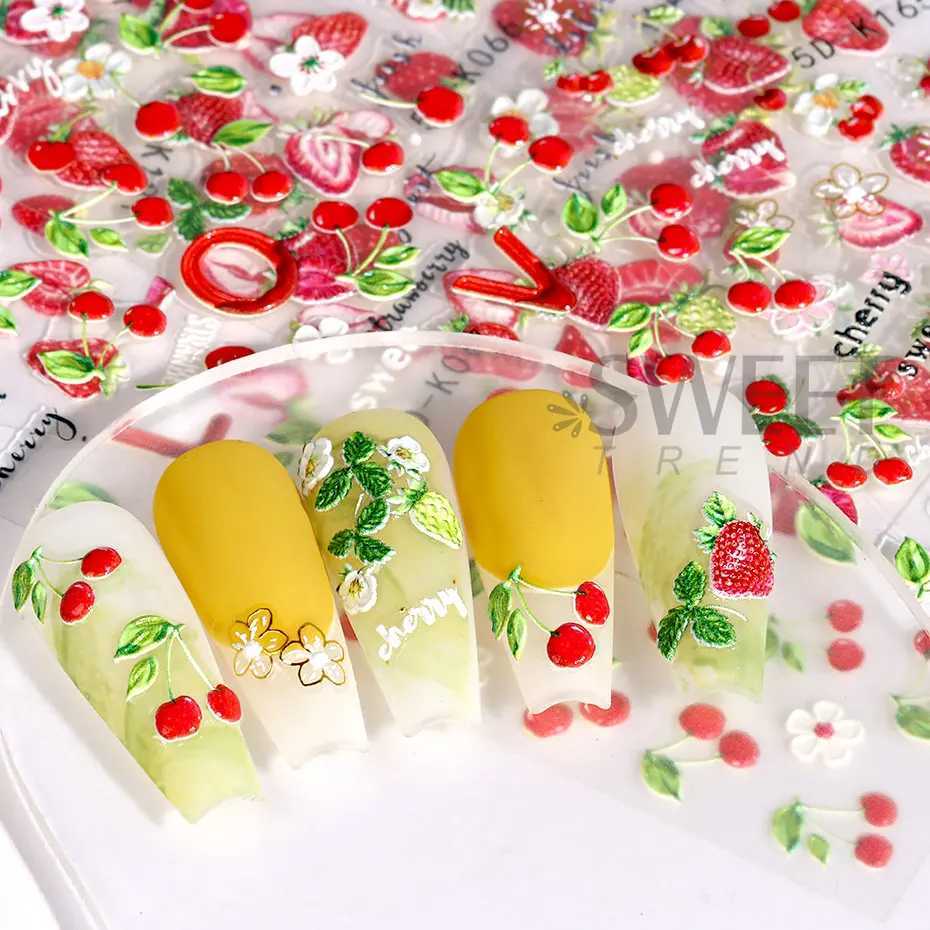Lemon Fruit Nail Stickers 5D Cherry Embossed Summer Strawberry Peach Watermelon Sliders DIY Acrylic Decals Manicure DecorationsXJ240814