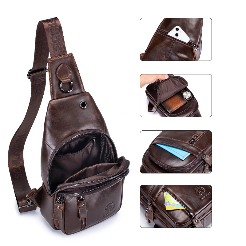 New high quality leather crossbody chest bag men's vintage senior head layer cowhide cross-border explosive men's front body bag