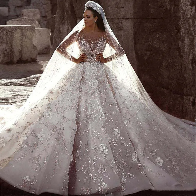 Dubai Arabic Beading Wedding Dress New Fashion Lace Ball Long Sleeves Ral Bridal Gowns 6660312