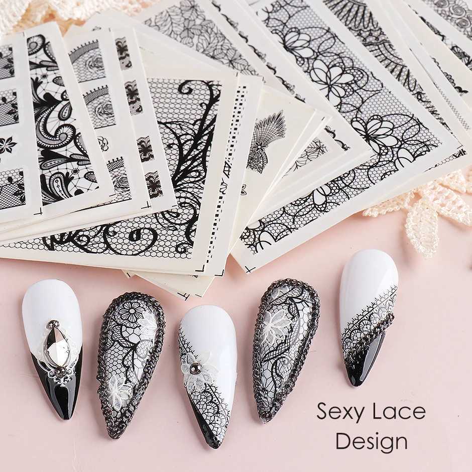 24pcs/set Black White Lace Flowers Nails Water Stickers Set Sexy Design Transfer Sliders Wedding DIY Charm Decoration LEA577-624XJ240814