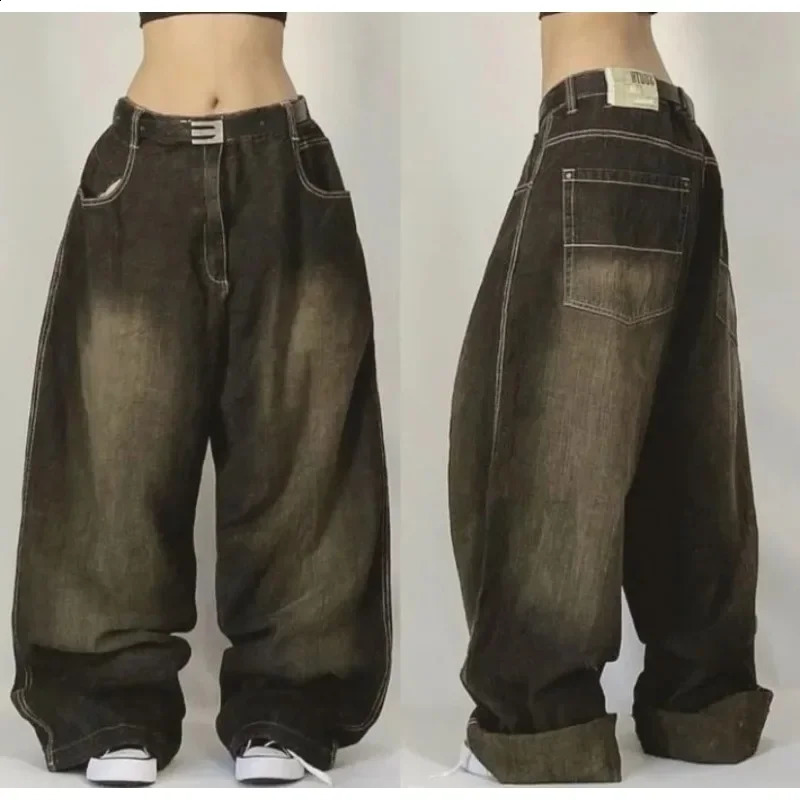 Y2k retro Korean fashion JNCO jeans female retro pattern embroidery loose high waist Korean street wear female Gothic pants 240815