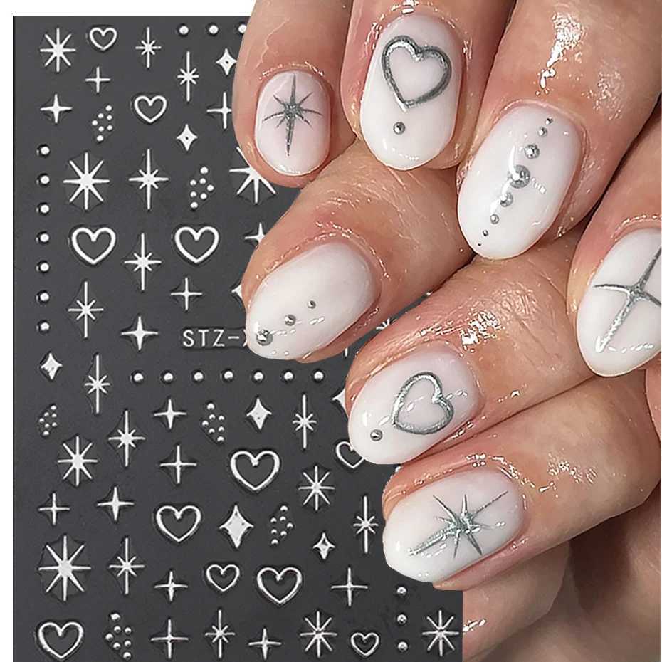 3D Love Heart Nail Stickers Holographic Bronzing Stars Sliders Starlight Flame Silver Chrome Y2K Nail Art Manicure DecorationXJ240814