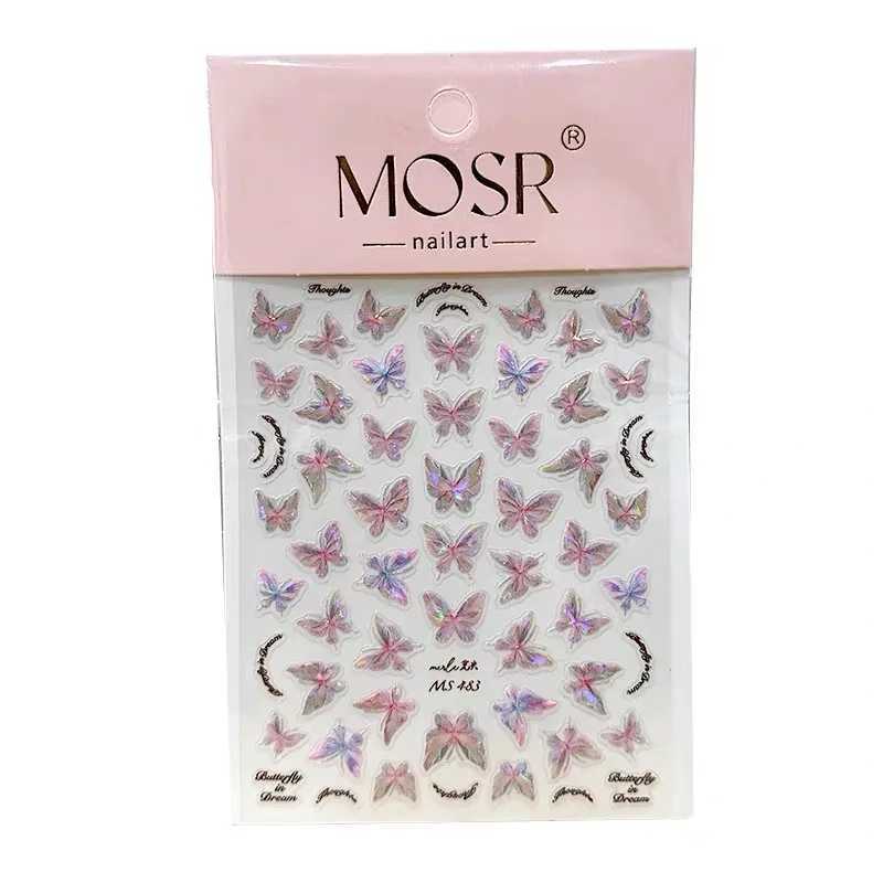 Pink Purple Aurora Shell Butterfly Nail Stickers Shiny Laser 3D Butterflies Nail Decals 8*10cm Adhesive Aurora Shell Butterfly NXJ240814