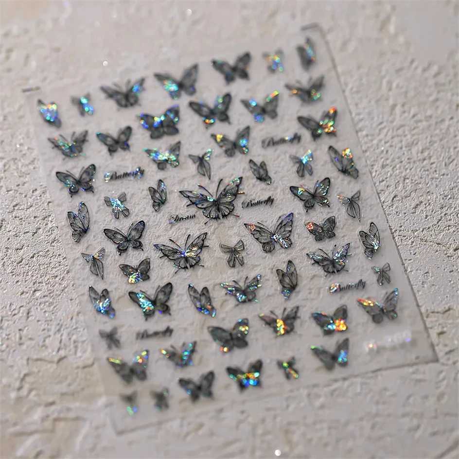 Shinny Black Dark Butterfly Nail Stickers High Quality Shell Light Design Adhesive Stickers Nail Art DecorationXJ240814