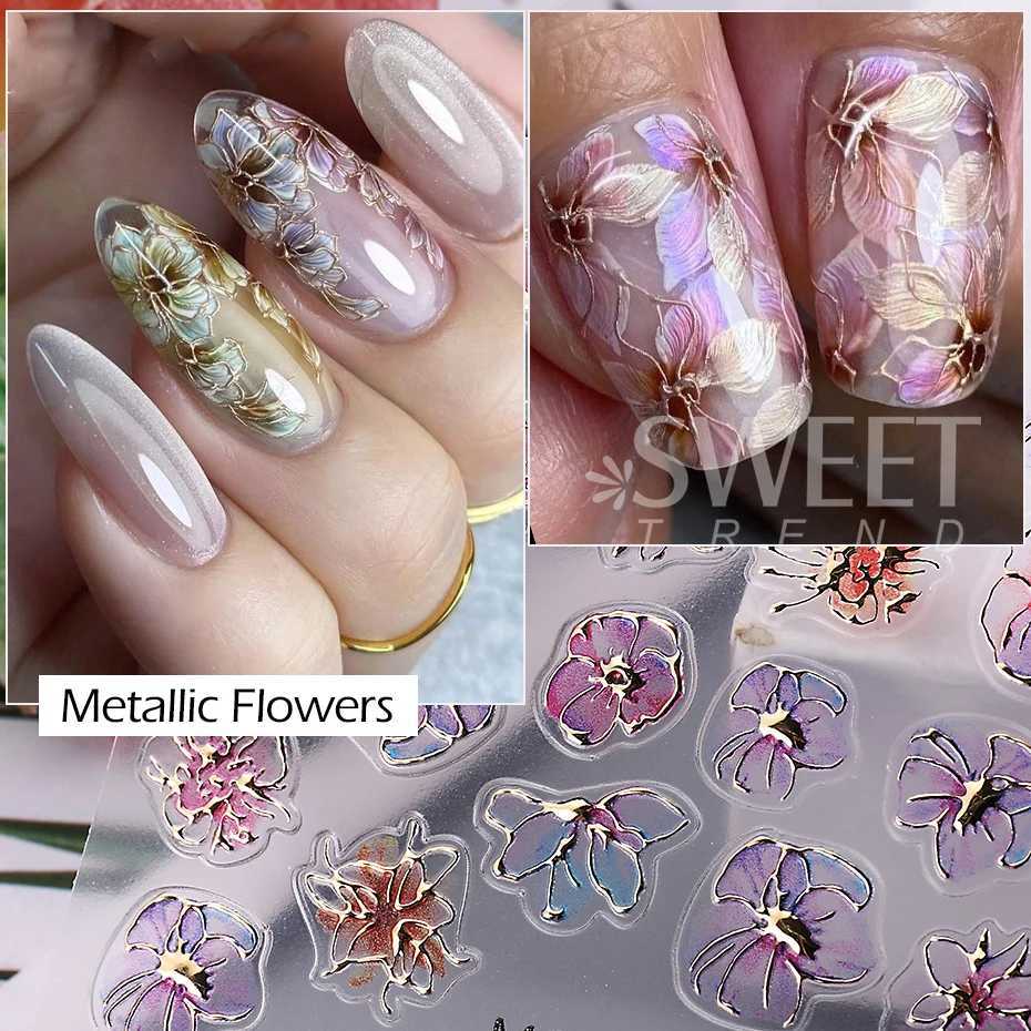 Holographic Purple Flowers Nail Sticker Metallic Blooming Floral Gradient Design Adhesive Decal DIY Charm Elegant Manicure FoilsXJ240814