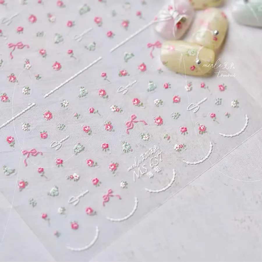 1Sheet Cute Wildflower Nail Art Stickers Cute Colored Flower Ribbon 5D Embossed Relief Nail Decoration Parts Decals AccessoriesXJ240814