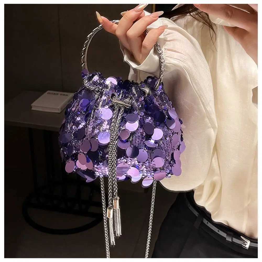 Fashion Women Sequin Shoulder Bag Mini Bucket Shiny Handbags Purses New Chain Crossbody Bags with Round Handle CL240815