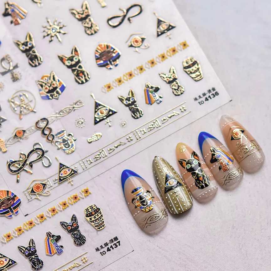 Retro Noble Mysterious Egyptian Cat Totem Hot Stamping Black Pharaoh Kitty Paw Embossed Reliefs Nail Art Sticker Manicure DecalsXJ240814