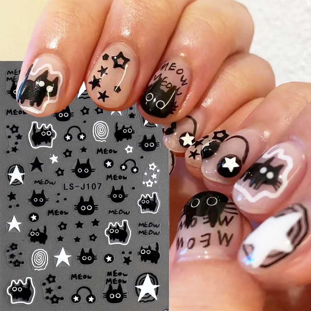3D Black Cartoon Cute Cat Nail Stickers Cat Stars Letters Nail Sliders Y2K Korean Japanese Nail Art Manicure Decors NLLS-J107XJ240814