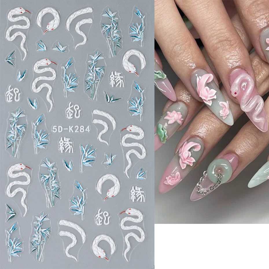5D Dragon Snake Nail Decoration Art Stickers Black White Red Dragon Snake Chinese Character Design Gothic Style Sliders ManicureXJ240814