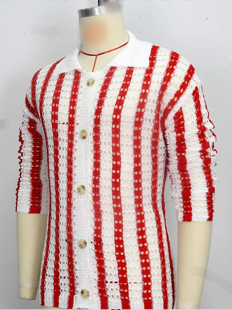 Fashion Hollow Out Knitted Sweater Male Beach See Through Striped Cardigan Sweater 2024 Trendy Long Sleeve Lapel Loose Knit Top 240814