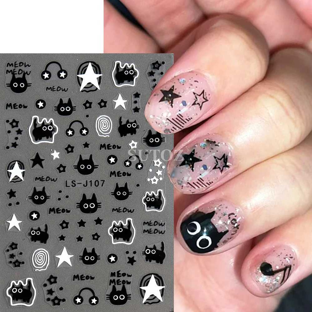 3D Black Cartoon Cute Cat Nail Stickers Cat Stars Letters Nail Sliders Y2K Korean Japanese Nail Art Manicure Decors NLLS-J107XJ240814