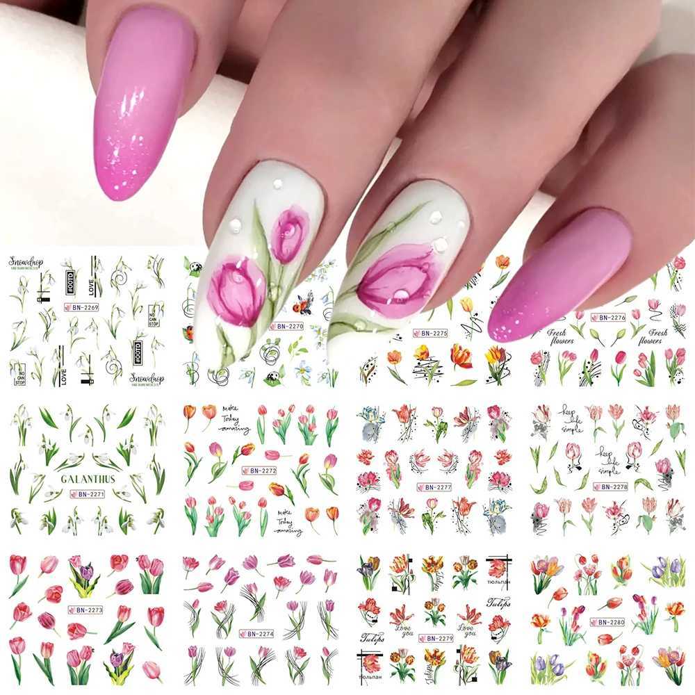 Tulips Flowers Water Nail Decals Leaf Transfer Nail Stickers Spring Summer Decoration Snowdrops Watermarks Slider LEBBN2269-2280XJ240814
