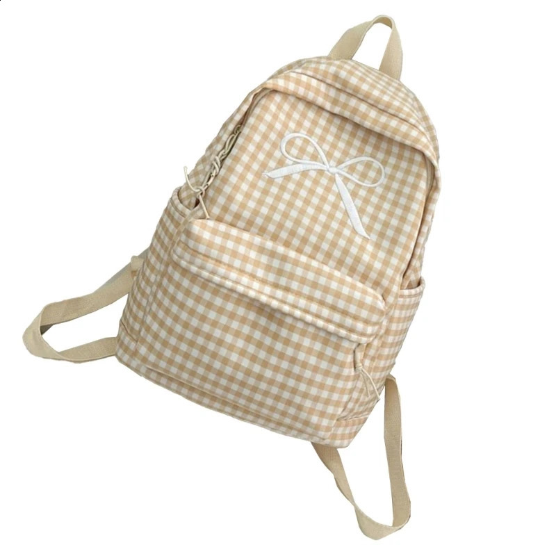 E74B Japanese Style Women Checkered Pattern Backpack Large Capacity Cute Bowknot School Bag Book Bag for Everyday Use 240813