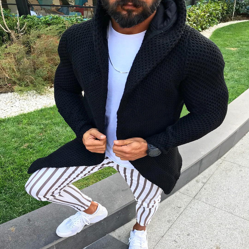 Fashion Men Sweater Cardigan Autumn Winter Slim Solid Color Long Sleeved Cardigan Hooded Knitted Sweater Mens Top 240814