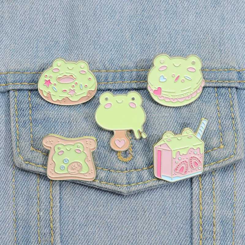 Frog dessert enamel pin donut juice toast burger ice cream bread lapel metal badge animal jewelry gift W240815