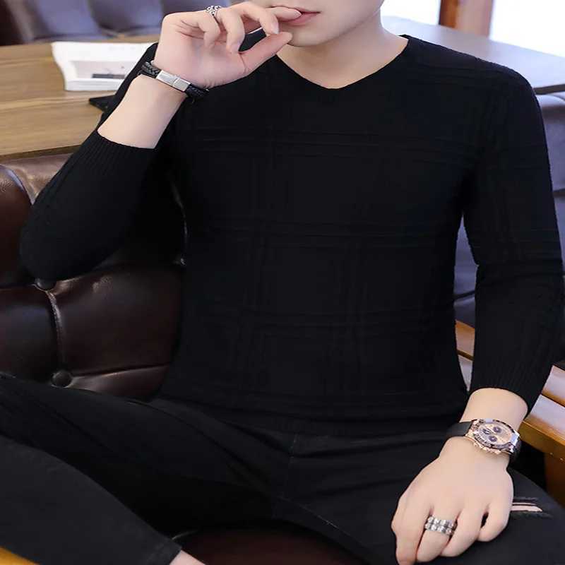 Mens New Fashion V-neck Solid Color Slim-fit Pullover Sweater Casual Long-sleeved Knitted ShirtXJ240814