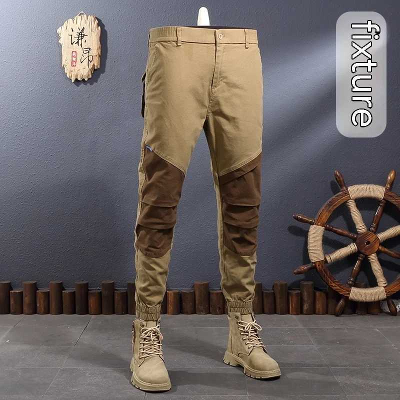 2024 new khaki splicing contrasting color ankle strap work pants mens fashionable elastic slim fit outdoor casual pantsW240725