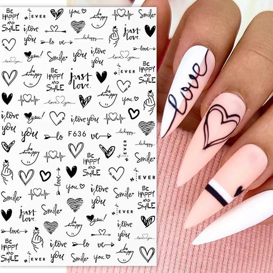 3D Love Heart Nail Sticker Valentines Day Nail Art Decoration English Letter Sliders Geometric Decal DIY Manicure Design TipsXJ240814