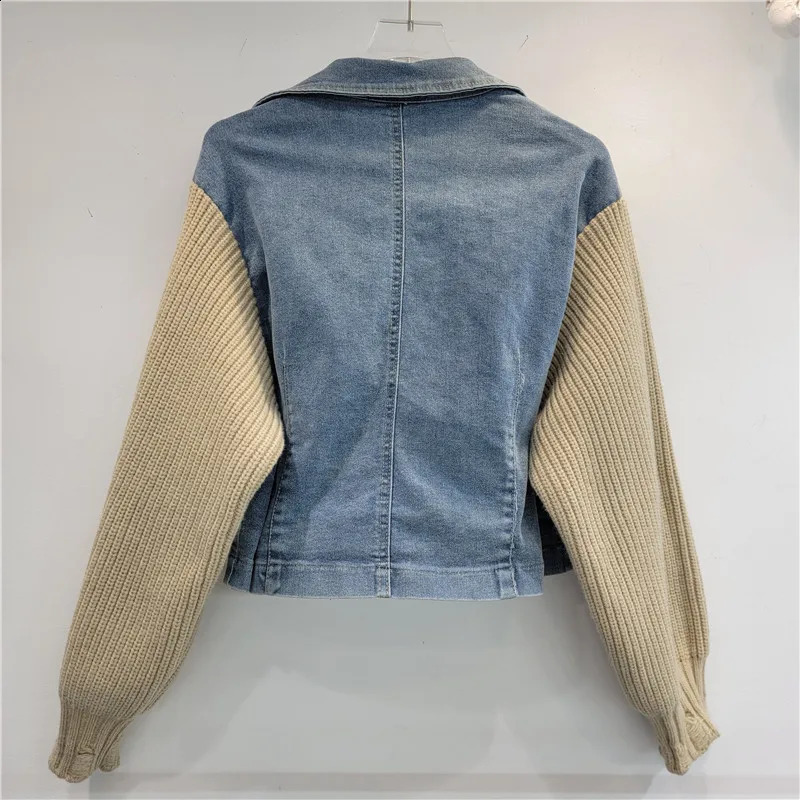 GetSpring Women Denim Jacket 2024 Autumn Suit Collar Knitted Sleeve Stitched Short Denim Coat Fashion All Match Blue Jean Tops 240814