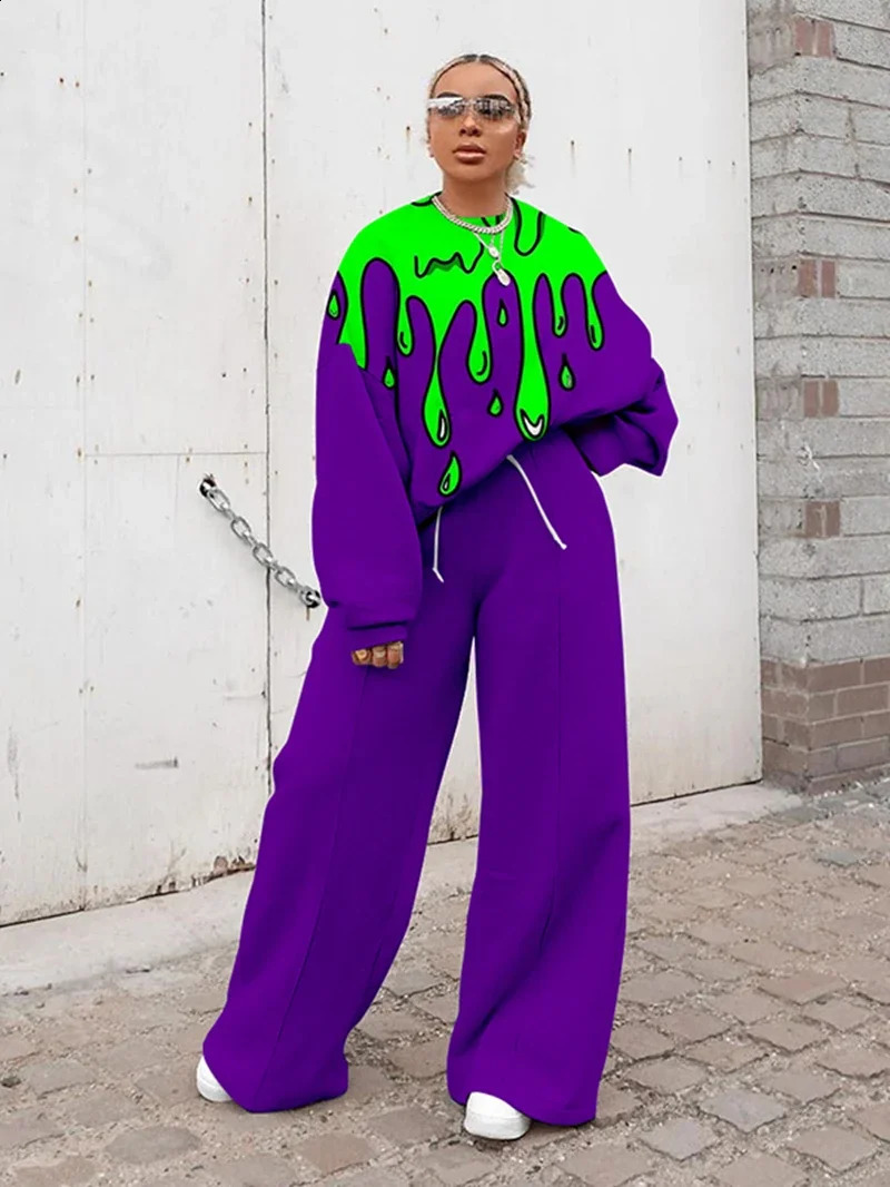 Super sized track suit womens twopiece pants set autumn clothing cartoon printed zipper sports shirt wide leg 240809