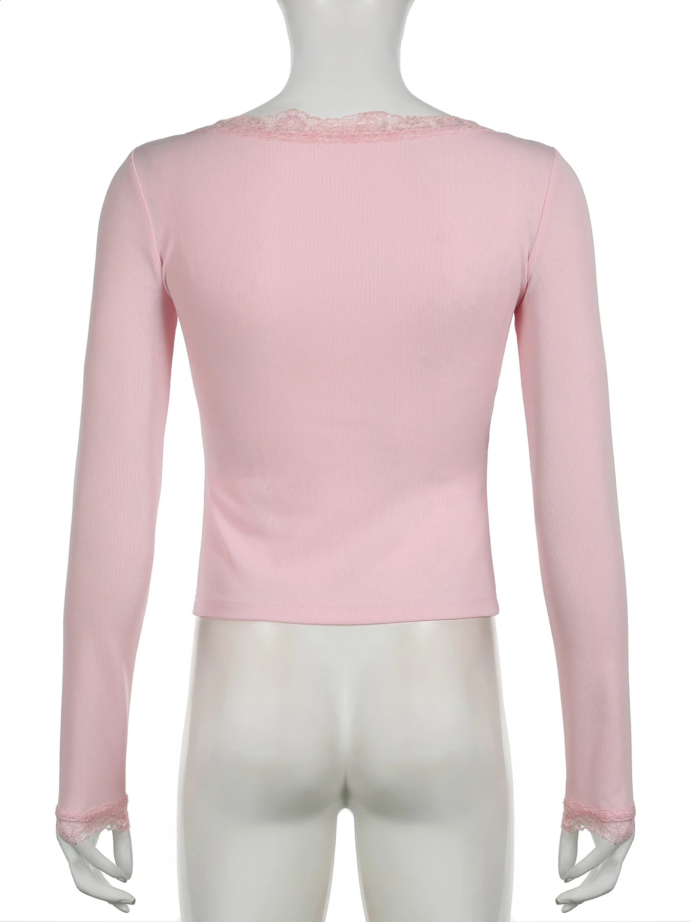 IAMSURE Casual Sweet Solid Lace Decorative Tshirt Basic Slimming Square Collar Long Sleeve Womens Autumn Spring Street Clothing 240814