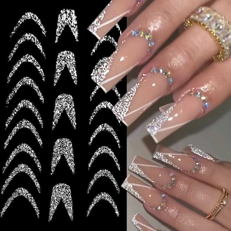 French Reflective Glitter 3D Nail Sticker Sparkly Gold Silver Line Star Heart Nail Decals Transfer Sliders Manicure DecorationsXJ240814