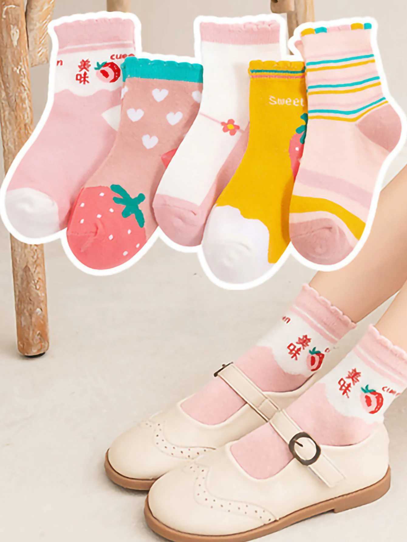 5 pairs of autumn and winter new childrens cotton socks girls mid tube lace striped sports socks W240814