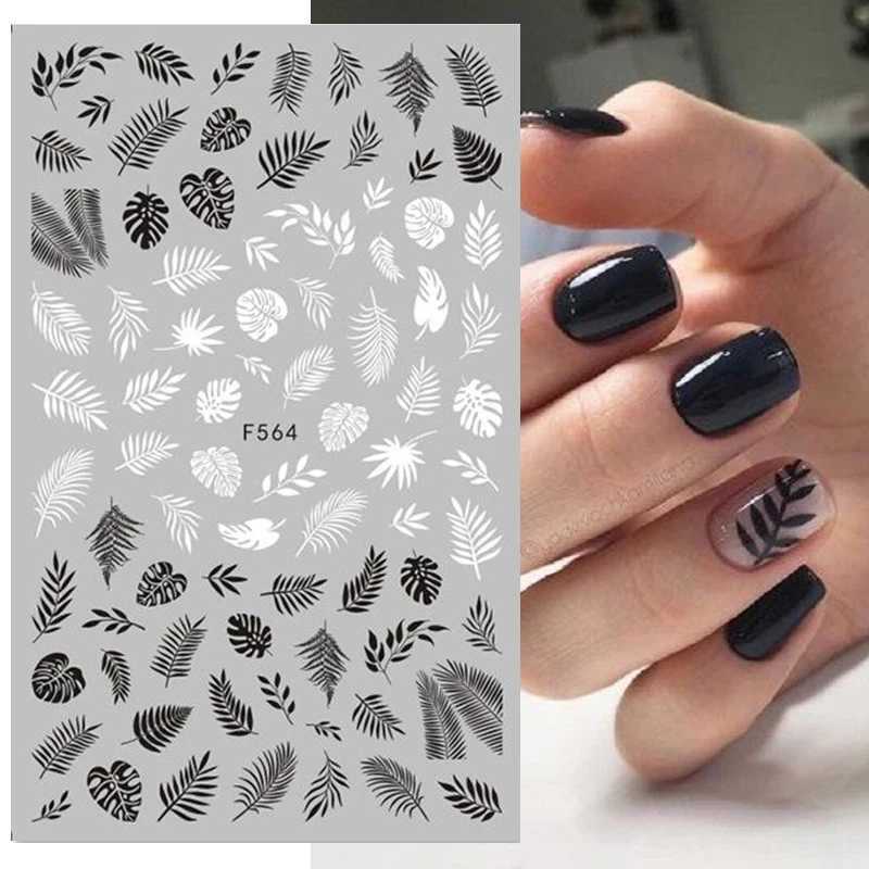 Black White Maple Leaf Nail Stickers Geometric Lines 3D Adhesive Stickers Nail Parts Flowers Feather Nail Decals Nail SlidersXJ240814