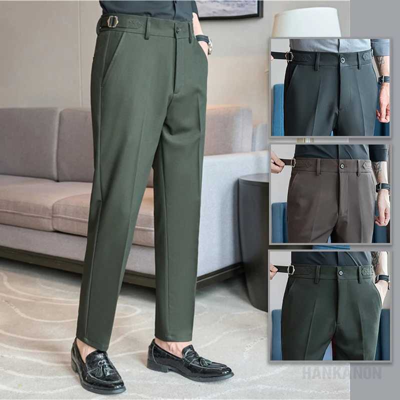 Summer thin Naples casual mens clothing high-end dark green suit pants drawstring cool non ironing fabric elastic waistW240725
