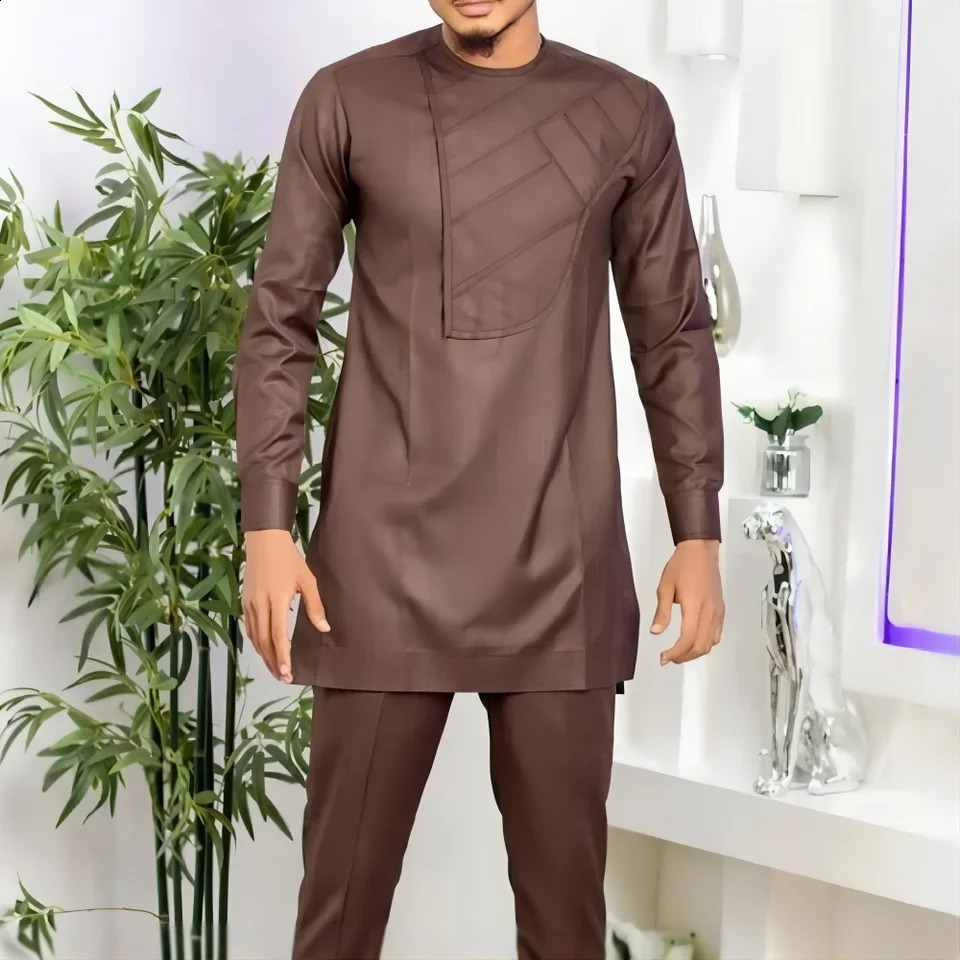 Dashiki African Mens Clothing Solid Color Shirt Pants Mens Suit 2 Sets Of Long Sleeve Clothing Wanquet Wedding Casual Scene 240814