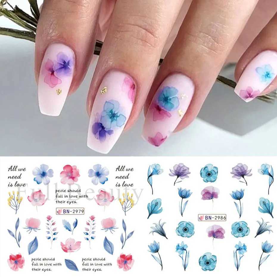 12pc Spring Flowers Nail Sticker Ink Blooming Floral Design Simple Flower Leaves Water Decals Watercolor Sliders for Nails DecorXJ240814