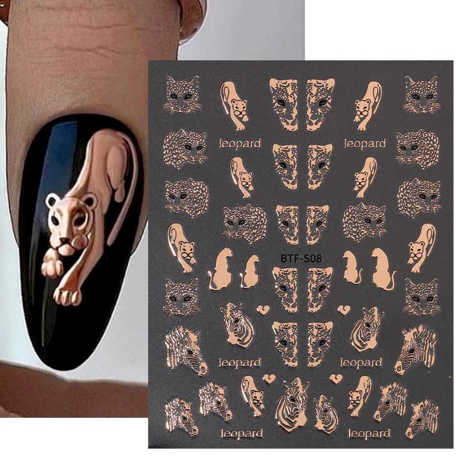 The Leopard Tiger Nails Stickers 3D Bronzing Rose Gold Black Zebra Wildlife Prints Manicure Sliders Nail Art Decoration #BTF-S08XJ240814