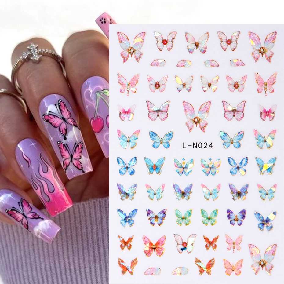 Laser Blue Butterfly 3D Nail Stickers Holographic Colorful Geometry Decals DIY Decals Designs For Nail Art Manicures DecorationsXJ240814