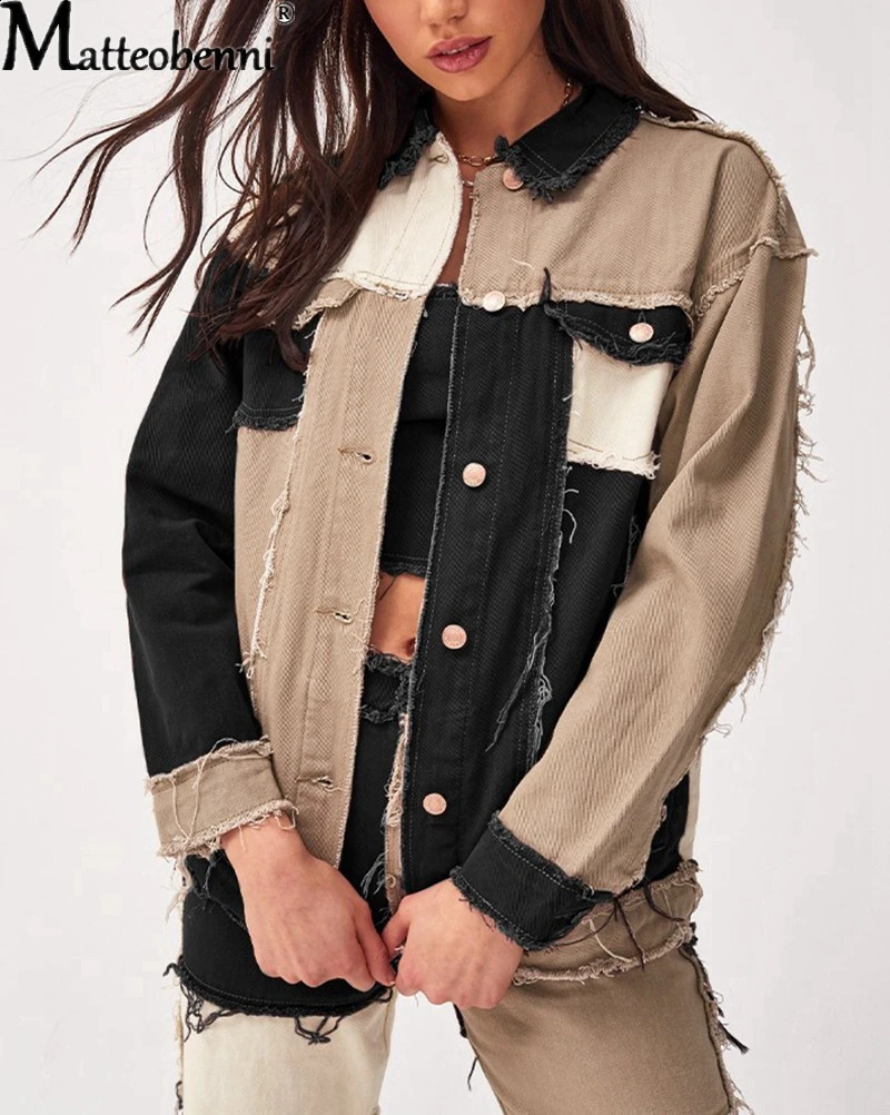 Autumn Womens Patchwork Denim Jacket Long Sleeve Vintage Boyfriend Jean Jackets Single Breasted Fashion Coat 240814