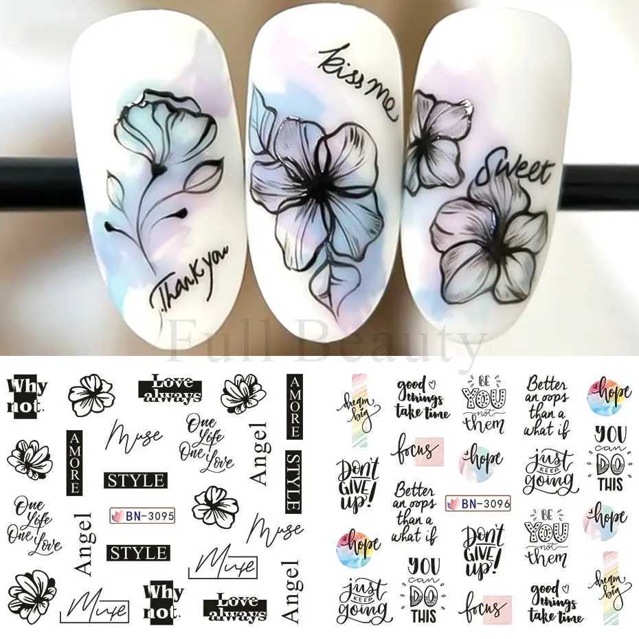 12pcs Black Leaves Letter Nail Stickers Water Transfer Decals Purple Flower Lace Sliders Decorations Manicure Charm Foils LABNXJ240814