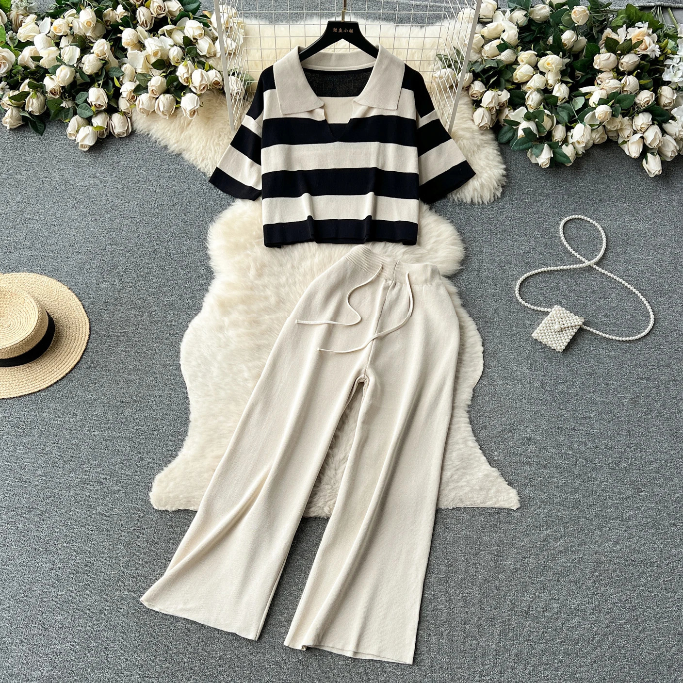 Women Sweater Pant Set Casual Pullovers Suits Autumn Winter Knitted Loose Long Sleeve Striped Elegance Tops Elastic Sweaterpants y240829 - view 4