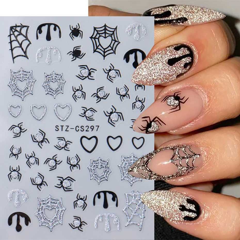Spider Web Silver Glitter Nail Art Stickers Decals Self-Adhesive Spider Love Heart Shimmer 3D Halloween Nail Stickers SuppliesXJ240814
